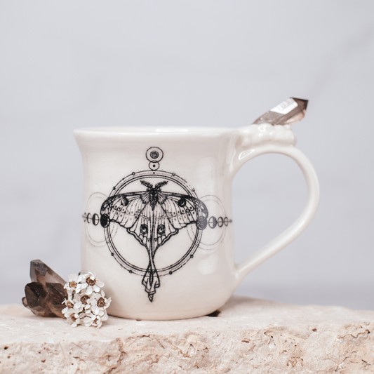 Handmade Smokey Quartz Crystal Infused Night Moth Mug