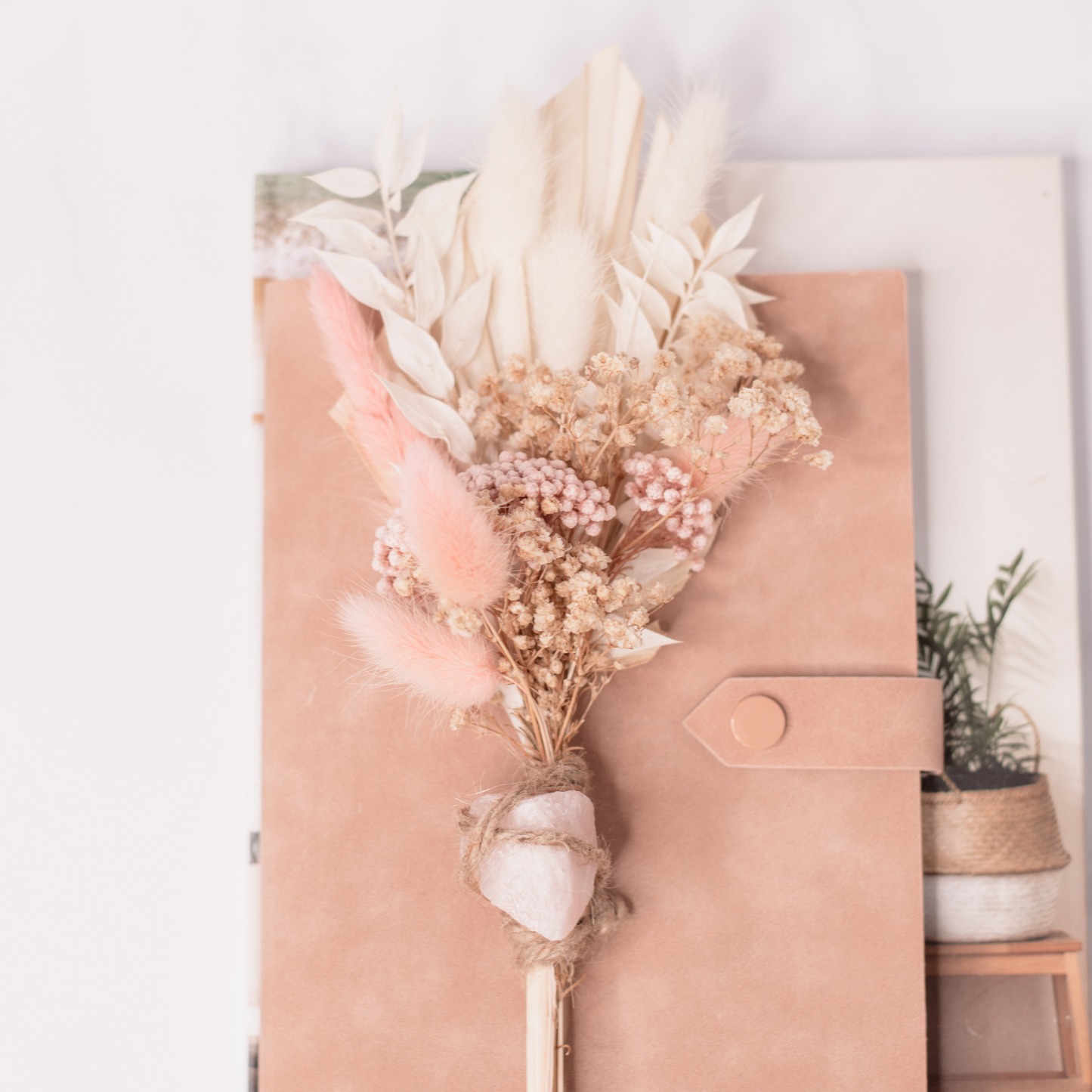 Dried Flower Arrangements with Rose Quartz Raw