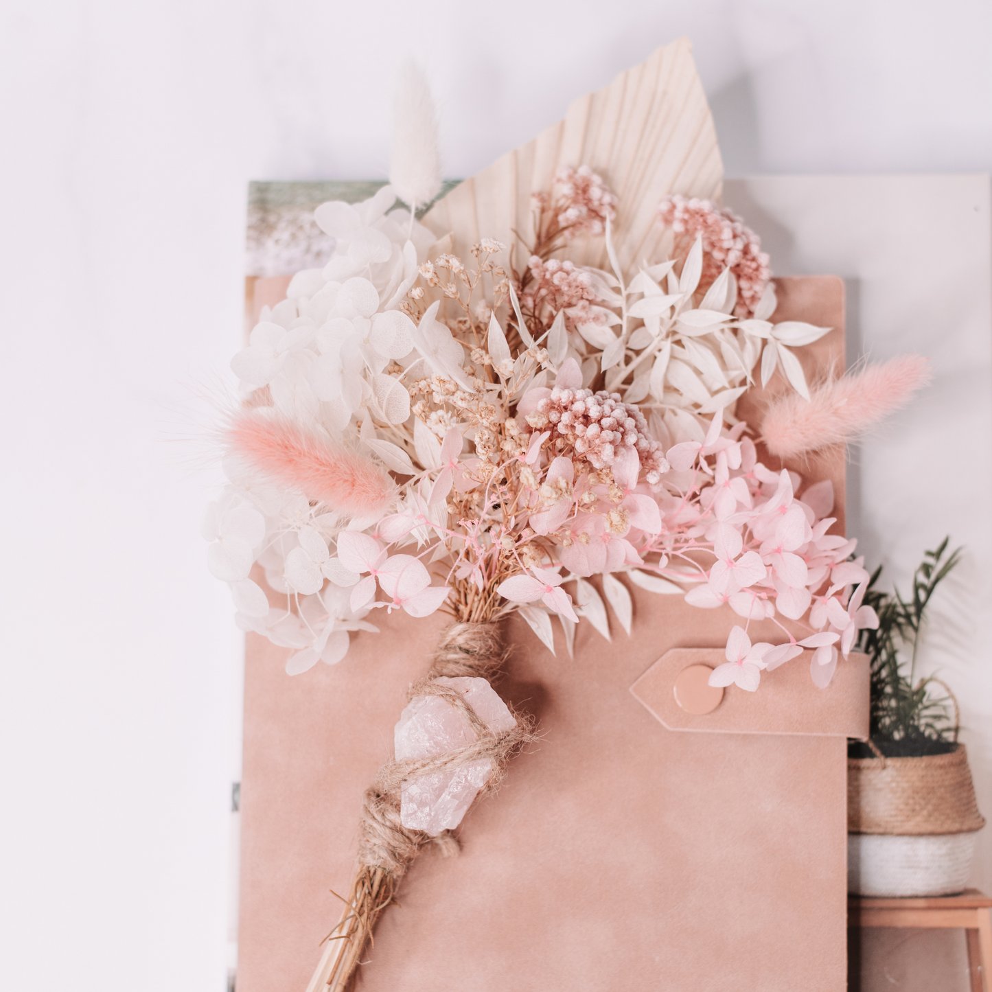 Dried Flower Arrangements with Rose Quartz Raw